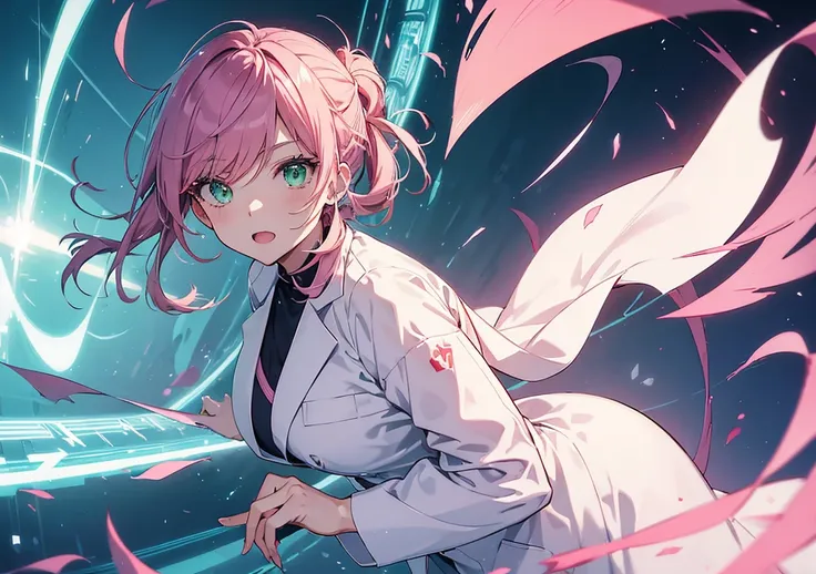 An anime-style illustration of a brilliant doctor with a confident expression. She has sharp green eyes and silky pink hair tied neatly in a professional style. Wearing a pristine white coat over a pastel blouse, she stands in a high-tech operating room, h...