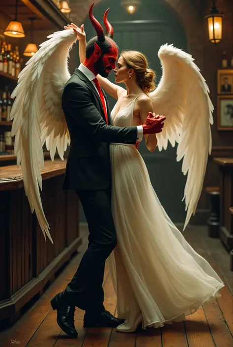 A red demon wearing a suit with a red tie dancing with an angel wearing a white dress in an old bar