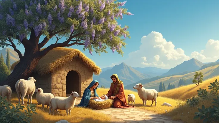 Nativity wallpaper scene, baby Jesus with family, domestic animals around, straw cottage, happy moments, hilly lands at background, blue sky , under Big blue Jacaranda tree 