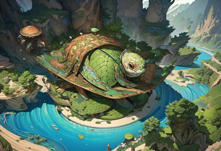 There is a turtle sitting on the grass, Detailed paintings by Kerembeyit ,  zbrush central contest winner ,  ecological art,  highly detailed digital art ,  extremely detailed digital art, A turtle carrying the world , isometric 3d fantasy turtle,  highly ...