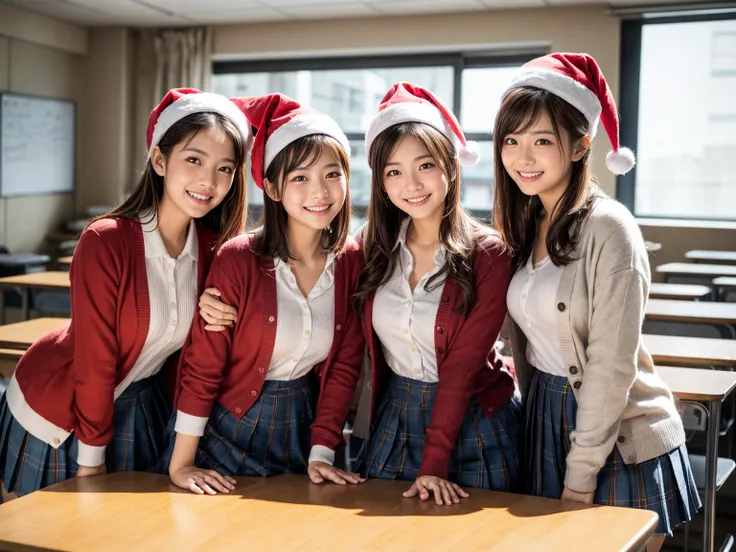  masterpiece,  top quality,8k resolution,   High Definition  ,    cinematic lighting   ,   octane rendering ,   super real ,  4 creative high school girls into the school classroom  ,(8 Head and body ), Sexy latino     ,  We are wearing Japanese uniforms w...