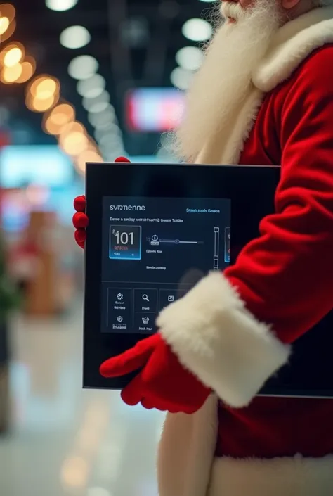 A close-up of Santa Clauss arms, wearing bright red gloves, holding and carrying a smart, energy-efficient television as if he’s shopping in a modern electronics store. Only his arms and the TV are visible in the frame, with part of his body subtly shown. ...