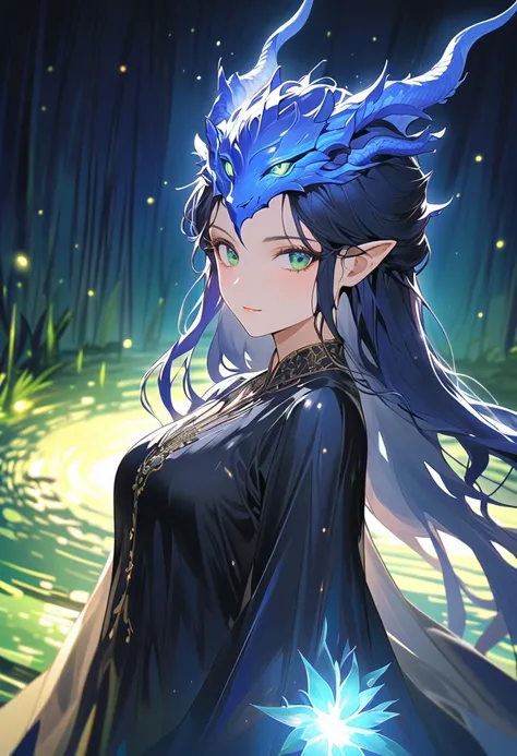 This character is a woman with a mystical aura, beautiful and mature. Her long, bright, shiny dark blue hair is combined with sharp shining green eyes. She has bright blue dragon horns on her head. She is wearing a simple black dress. She is located on the...