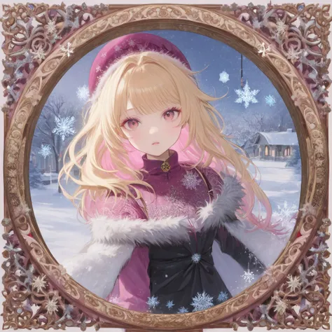 (Circular frame 1.7) One girl, (blonde on the outside, pink hair on the inside), goth punk, Christmas decoration, ((intricate snowflake)), icon, circular frame, (winter scene)