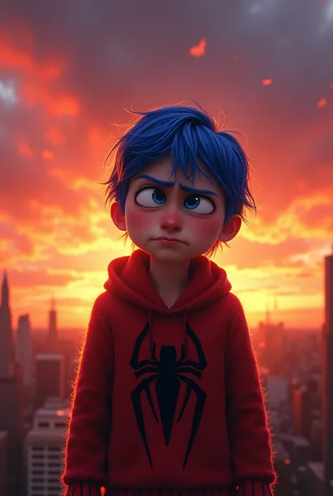 Anger of the inside out movie with a Spidey sweather sunrise