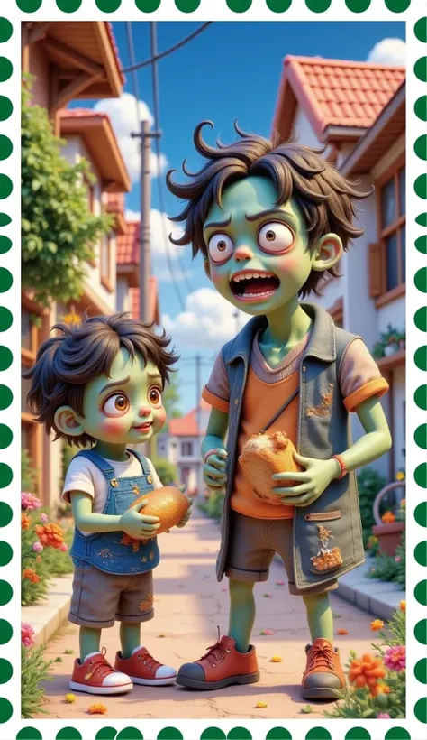 "A cute and highly detailed 3D cartoon-style scene. The father zombie is pretending to scold the young man with an exaggerated stern expression, while his small zombie son laughs adorably. The boy has big, sparkling green eyes, soft glowing green skin, and...