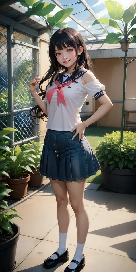 young woman, smiling with teeth, standing posed, at garden, sunny day,  (+forehead, long wavy hair, black hair), light-pink cold shoulders shirt (+sailor collar, short puff sleeves),  dark-blue denim skirt, white socks, black mary-janes, BREAK, (1girl, sol...