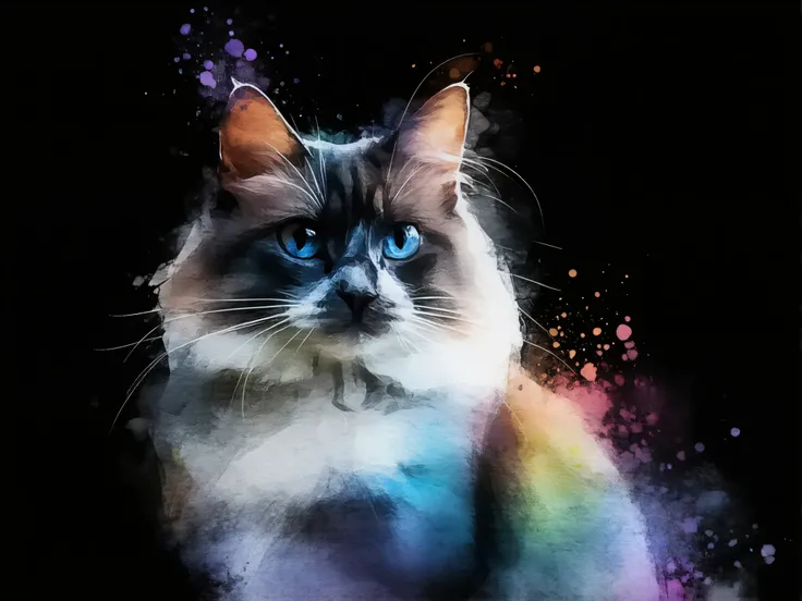 A highly detailed watercolor-style illustration of a cat with odd eyes. The cats fur features vibrant, colorful gradients that softly bleed out from the tips, resembling the delicate effect of watercolor paint spreading on paper. The background is complete...