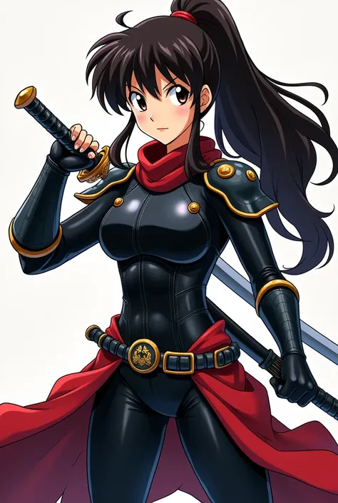  sango inuyashaanime Anime girl with dark brown eyes and long brown hair with ponytail wearing black leather armor holding a Japanese sword 