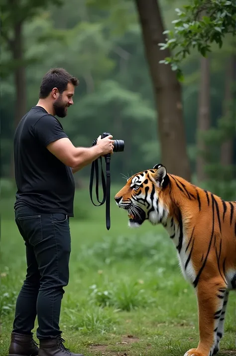 A man dressed in black casual takes a picture with a tiger 