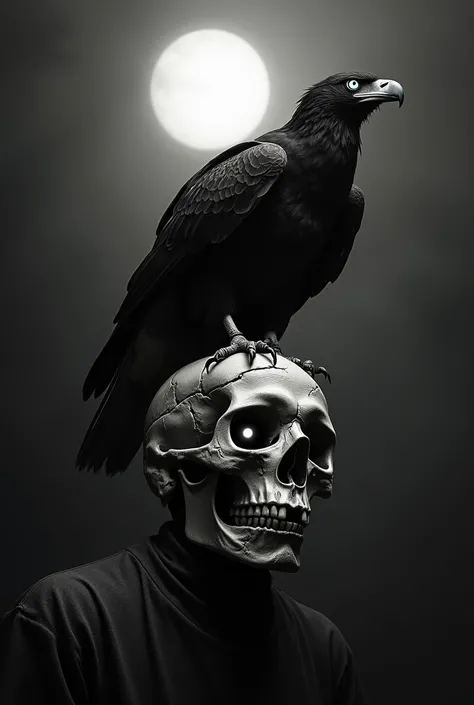  The image is dark  ,   eerie artwork featuring a cracked human that shines intensely sun-eyed skull, White light. Black eagle , Also、 has glowing eyes  ,   is perched over the skull  ,  が不気味inゴシックな雰囲気を醸し出しています .  頭蓋骨の下部は崩壊しつつあるようinす ,   gives the impressi...