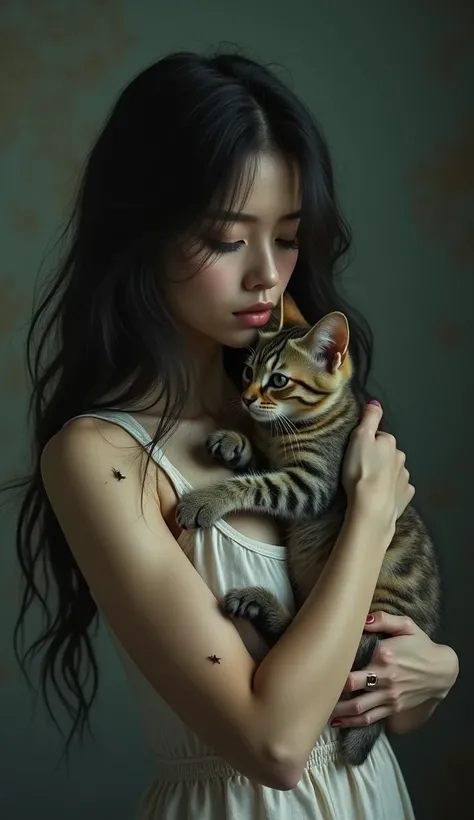  high quality,  8k Ultra HD, A beautiful sad woman looking forward ,  with a sad kitten all dirty and full of cockroaches that was found on the street,   crying in her arms 