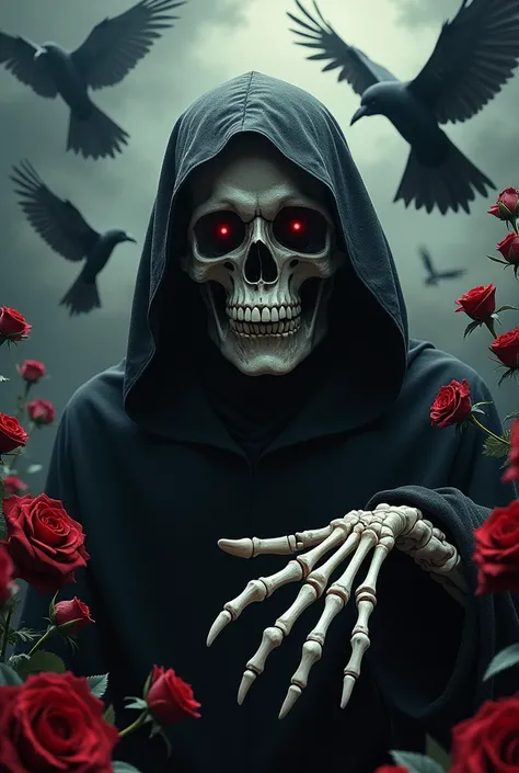  Generate the image of Skull Death with your Oz, With your hand calling me, with crows and roses 