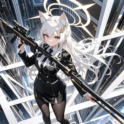 masterpiece, highest quality, highest resolution, clear_image, detailed details, white hair, long hair, 1 girl, cat ears, Golden eyes, halo, black office jacket, black silk mini pencil skirt, white scarf, black pantyhose, 4 angle wings, full body, no water...