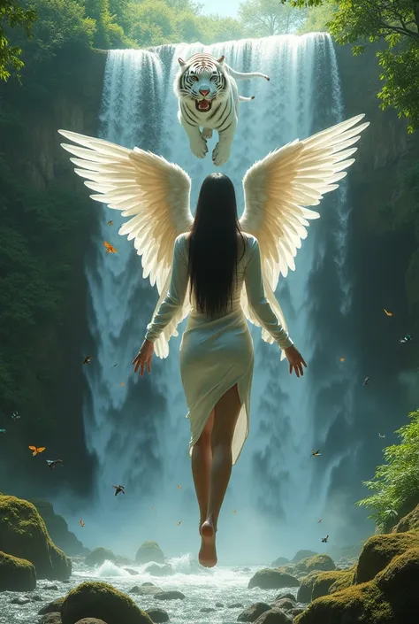 (photorealism:1.2), (HDR focus ),  360° camera ,  sun lights , closeup photo of sweet and graceful female model,  long straight black hair , sexy body curves ,  wearing a tight long sleeve dress in white ,  big angel wings on the back ,  is rising above th...