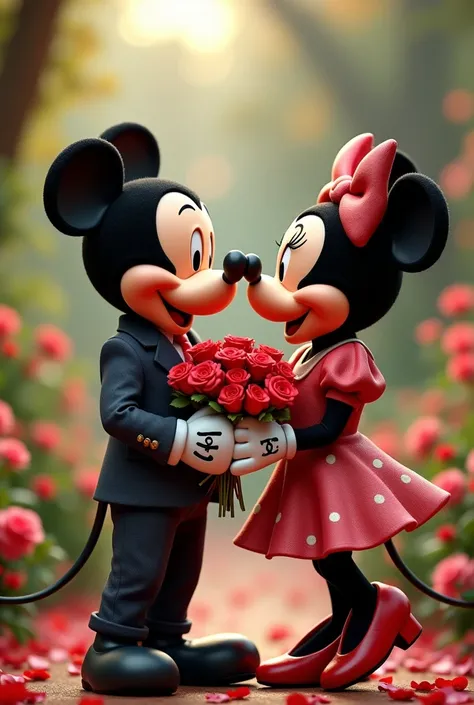 super realistic photo,  Mickey Mouse wearing Gucci clothes giving flowers to Minnie, Love scenario ,  Valentines Day 