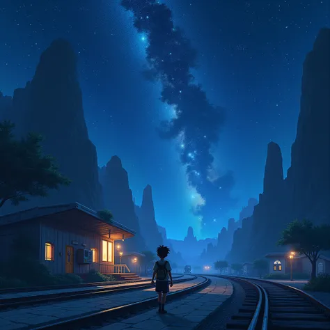 (Birds-eye view:2.5） (A distant view:1.5） Night on the Galactic Railway, Giovanni is a boy who sets out on a journey in search of his best friend, Campanella, On the night of the Star Festival,The galactic station where Giovanni landed is (futuristic:1.5） ...