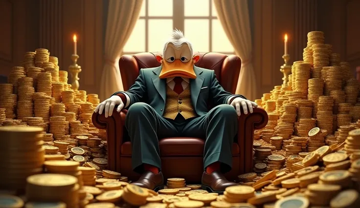 Disneys Scrooge McDuck is in a mansion, sitting in an armchair with a communication posture, wearing a suit, with piles of money around him, Hyper realistic 8k