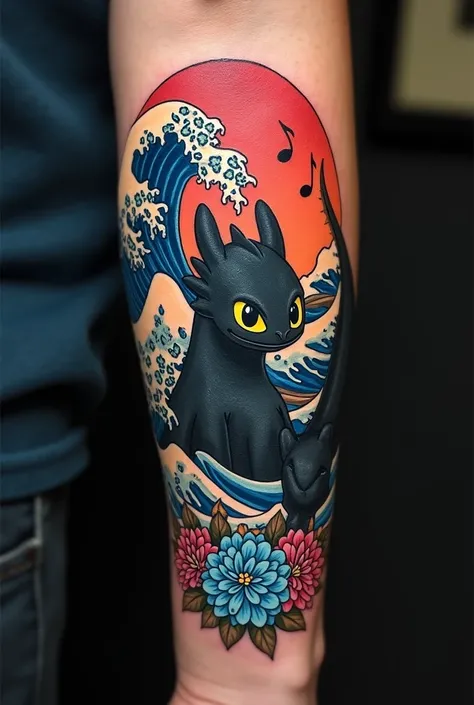 Arm Tattoo about Decemder word , Sea waves, Hydrangea flowers, Music,Hiccup and Night Fury from How to Train Your Dragon
color is red,blue,black 
shadow is black