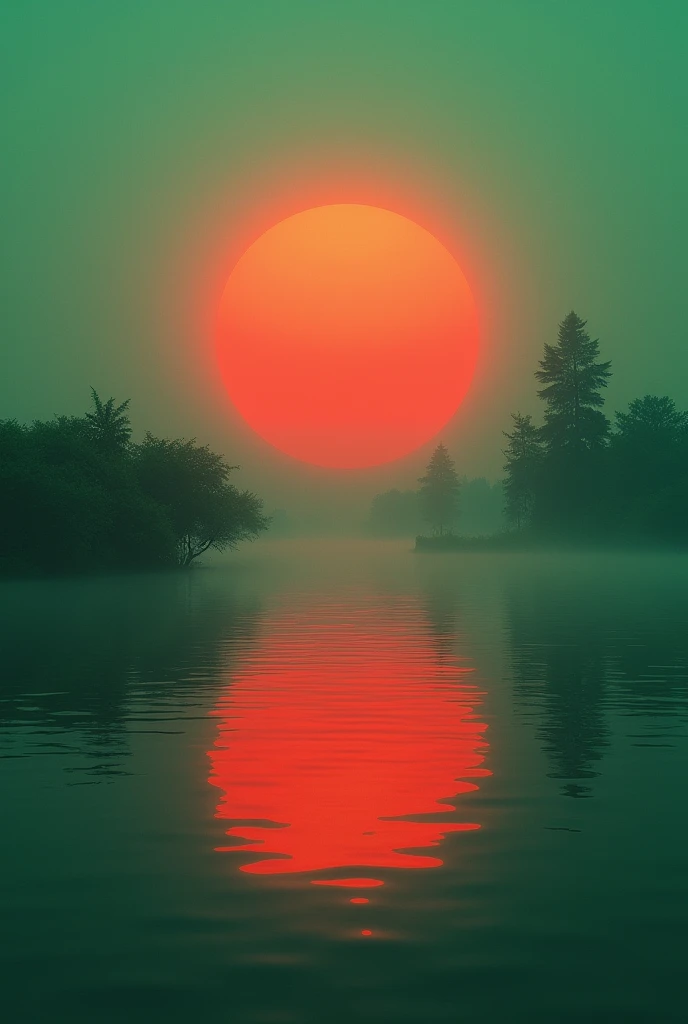 Red sun on green sky and water. Sun in left side

