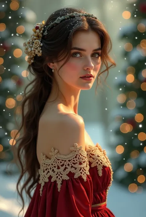 portrait of a beautiful European woman with brown hair, decked out in an elegant Edwardian outfit against a festive winter wonderland backdrop. the stage is lit with twinkling fairy lights and soft falling snowflakes creating a magical atmosphere. the intr...