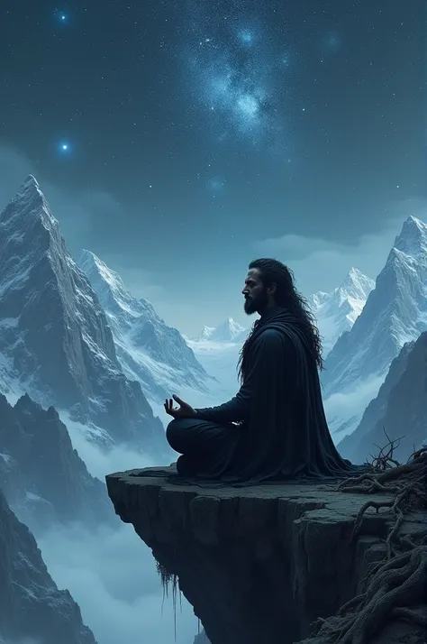 Dark character meditating on a mountain cliff and in the background more mountains looking at the universe and the constellation of Pegasus 