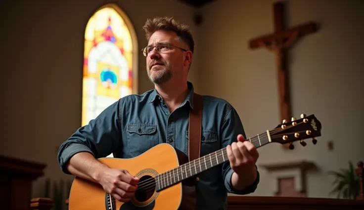 middle aged man slightly overweight short spiky hair playing guitar in a Christian church