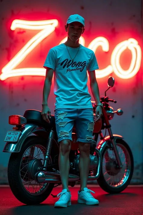 Korean man wearing a baseball cap, t-shirt that says WONG PEMALANG, ripped jeans shorts, white sneakers, standing on a classic Honda CB motorbike, facing the camera, white neon graffiti text background that says ZECO, city night. Real detail, very realisti...