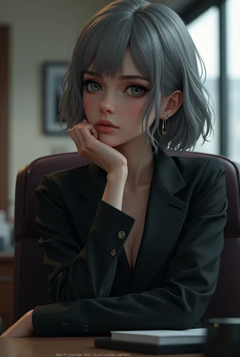 Realistic alpha girl with medium gray hair and black eyes while sitting in an office chair with her head resting on her right hand thoughtfully wearing a mans suit