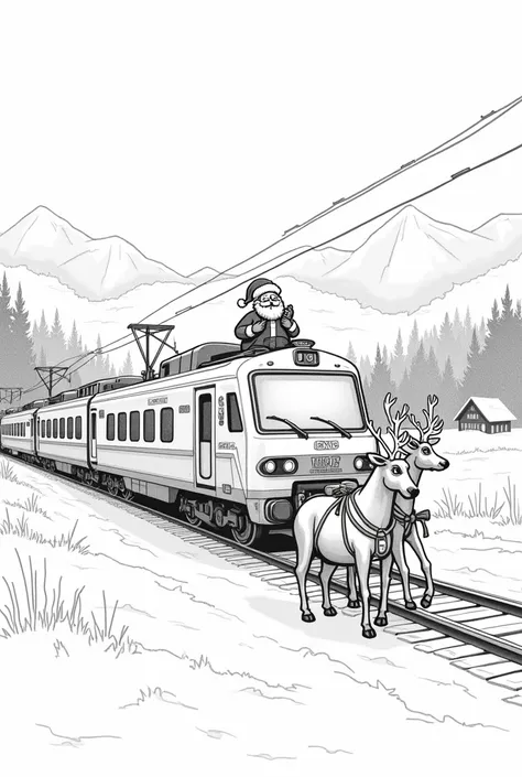  I want to generate a coloring image on the Christmas theme that would represent an SNCF RER NG train driven by Santa Claus and pulled by reindeer that would be in front of the train. In landscape format and without colors in order to be able to color it 