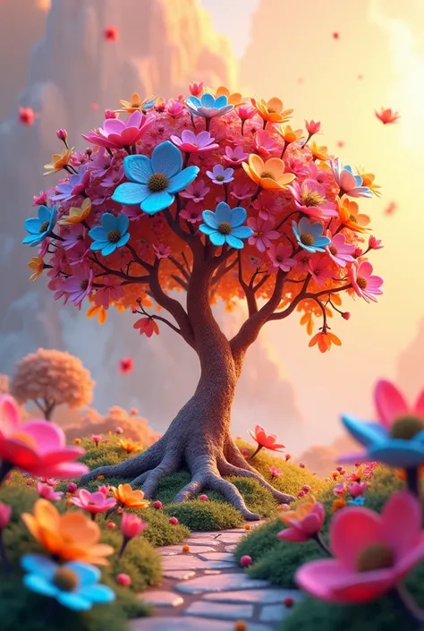 Create an artificial nature, colourful tree flowers sunlight 3d wallpaper for boys for mobile without any Animals 