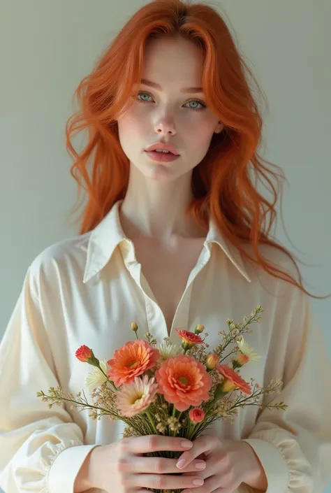 Make a red-haired woman long wavy hair ,  white skin ,  blue eyes ,  Long eyelashes, Filled lips,  pretty face ,  with a wide shirt that covers her thighs and has a bouquet of flowers down in her hand 