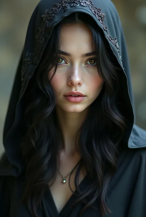  White-skinned woman ,  brown eyes, black hair wearing a cape 