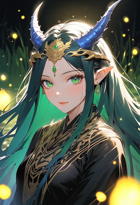 This character is a woman with a mystical aura, beautiful and mature. Her long, bright, shiny dark blue hair is combined with sharp shining green eyes. She has bright blue dragon horns on her head. She is wearing a simple black dress. She is located on the...