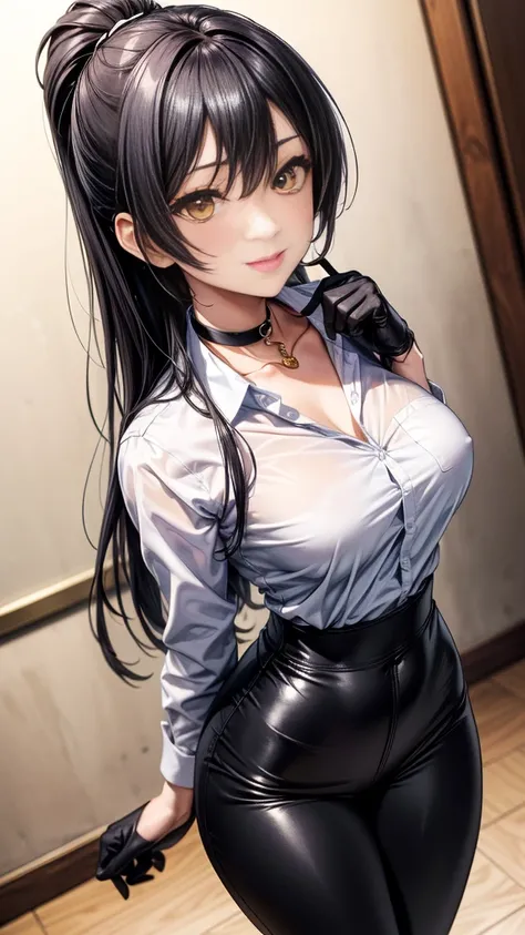 (Yaedef :1.4), 8K, highres,  ultra detailed , ( Masterpiece:1.4),  Best Quality , Sakuya Shirase, symmetrical body, beautiful, Alone, standing,  dynamic pose ,  seen from above,  looking at the spectator, Tender smile, long ponytail black hair,  detailed f...