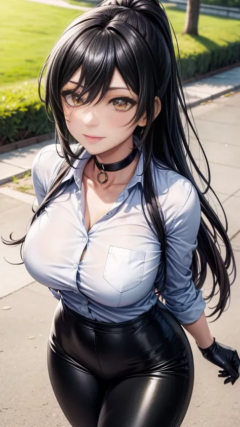 (Yaedef :1.4), 8K, highres,  ultra detailed , ( Masterpiece:1.4),  Best Quality , Sakuya Shirase, symmetrical body, beautiful, Alone, standing,  dynamic pose ,  seen from above,  looking at the spectator, Tender smile, long ponytail black hair,  detailed f...