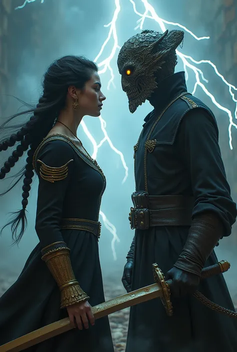  You can create an image where two people are facing each other side a man and a woman, that the woman wears an old military uniform , black and gold,  that he has golden eyes with a ceramic mask that covers his face and a sword ,  that has braided black h...