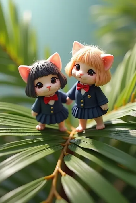 リアルタッチで猫らしく作成Two 3 cm-long Munchkin kittens with irresistibly cute faces, dressed in high school girl uniforms, standing on a palm. Each kitten is wearing a short bob haircut wig and a navy blue school uniform with a white collar and a red bow tie. Their t...