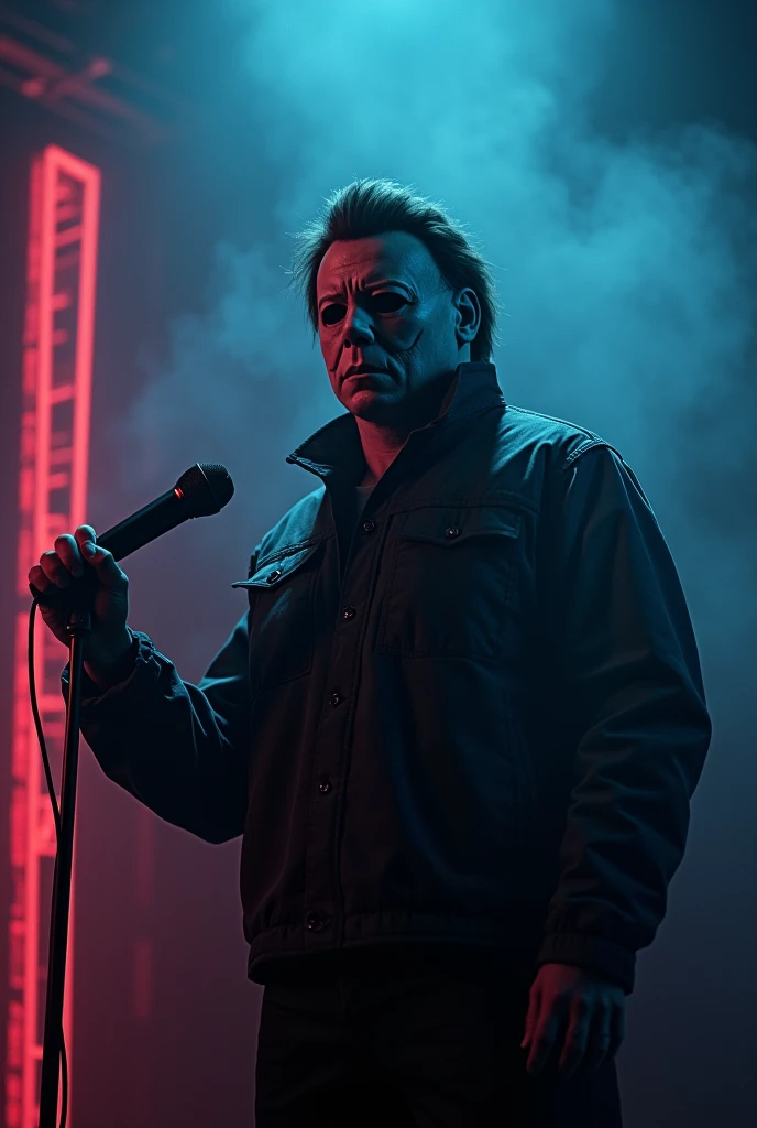 Michael Myers holding a microphone,  body,  climate and neon lighting,  Ultra realistic, smoky background