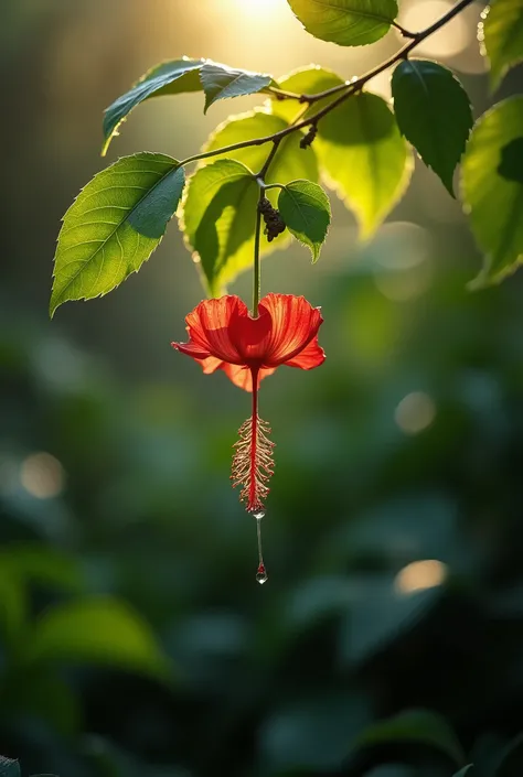 tree leaves and a wild flower in a heavy jungle in a morning sunshine, water drop