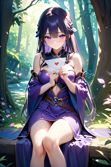 1 girl, (beautiful face), 22 years old, long hair, (nervous expression), (wearing a high fantasy mage outfit), knee length, (purple and silver), medium breasts, slim, (holding a love letter:1.2), 
BREAK 
hidden behind a tree, enchanted forest, (waiting for...