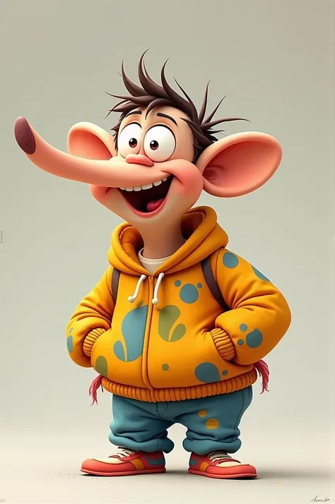 "Create a whimsical and humorous character with exaggerated human features. The character should have a long, exaggerated nose, large floppy ears, and a quirky smile that instantly makes people laugh. Their facial expression should be goofy yet endearing, ...