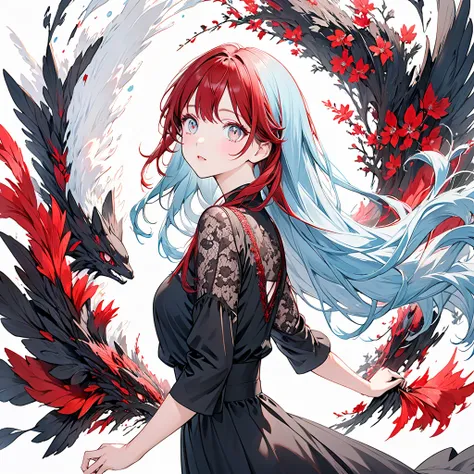  draw a black and white world、Light blue hair， pastel color， 1 girl，Plain white background，Shining Eyes， red eyeshadow、 very detailed with crimson hair、 super high resolution rendering， black dress，Black lace， long hair on background