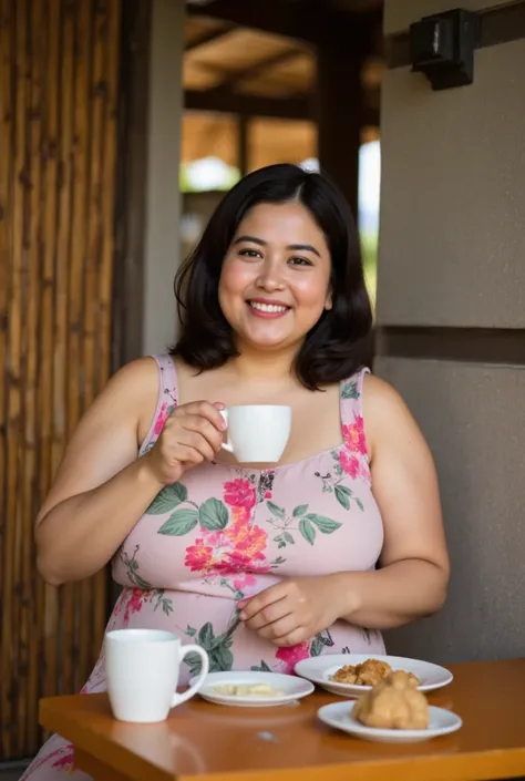 An Indonesian woman, quite chubby,  wear a sleeveless nightgown with floral print, sitting on the dining table enjoying breakfast, Village atmosphere, realistic photography. look at the viewer,