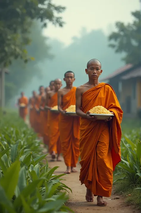 Nine pictures of Thai monks walking in Bindabat in long rows. The atmosphere in the picture is the atmosphere of the Thai countryside. In the morning with fog, it looks beautiful. The people who watch this picture feel calm and relaxed, the monks who visit...