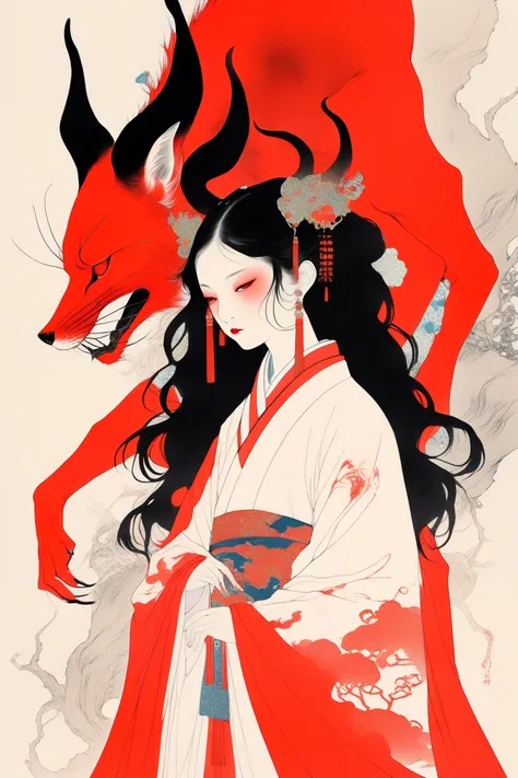 ( best quality , outline:1.2),realistic,illustrator,anime,1 girl, Chinese beauty, author: Conrad Roset, cool girl, demon girl, demon queen crown, wears traditional Chinese clothes, has red horns, girl looking at viewer, lack of metal, surreal minimalist sh...