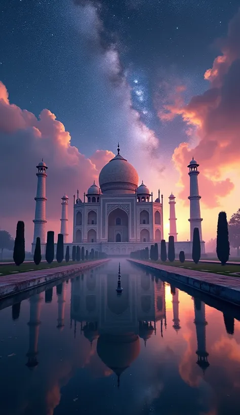 full view of the taj mahal, Photo realistic, Celestial, colorful stars々が輝くnight sky, fantasy theme, clearly visible, Cinema lighting, vivid lighting, dramatic atmosphere, Highly detailed, 8K, Lifelike, intricate details, 1 PC, night sky, dramatic lighting,...