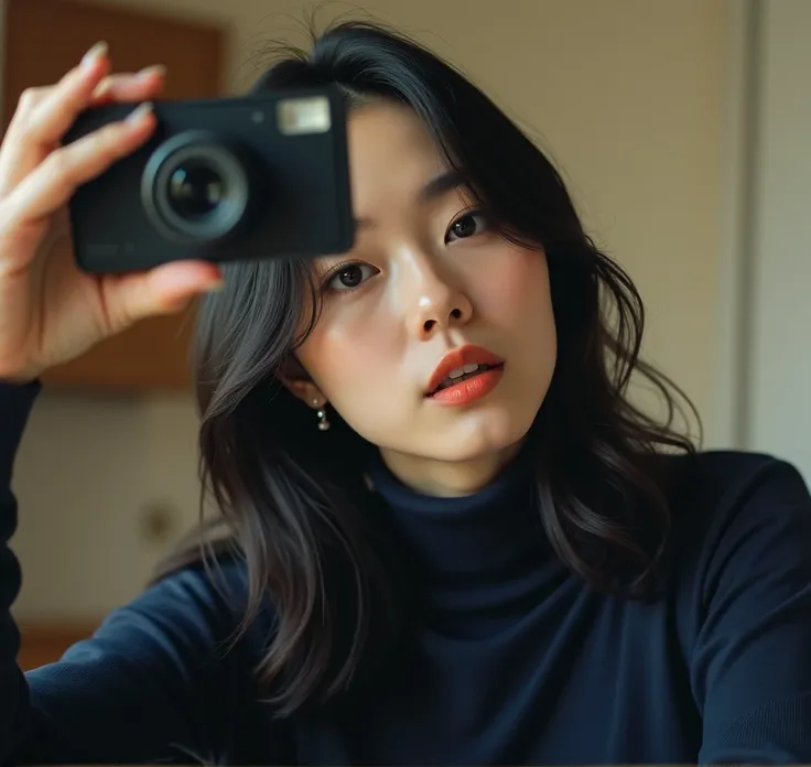  Japanese model takes selfies like a social media influencer、dark navy turtleneck、Webcam Photos、 Photo by Felicia Simon 、Filmed in Provia、hinchel。