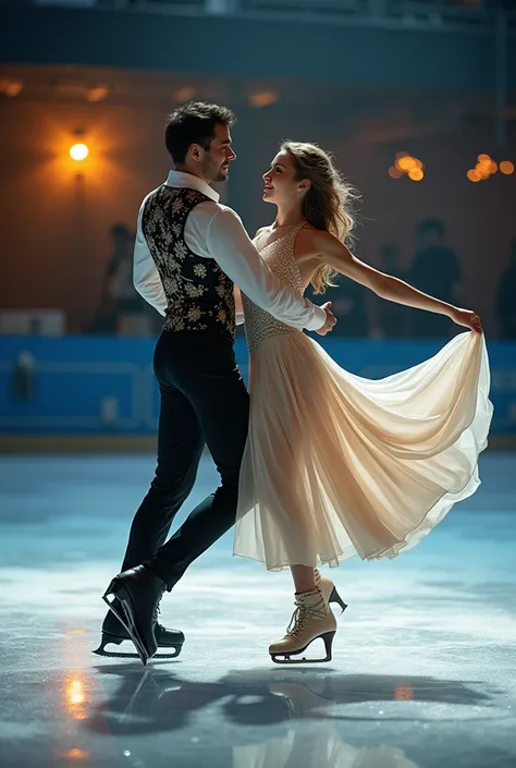 A man and a woman are ice dancing, Indoor skating rink