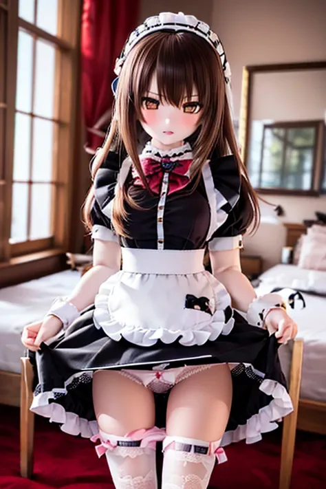 (SFW:2), photorealistic, realistic photo, 8k, Canon EOS, ((highest quality)), ((masterpiece)), (extremely detailed), dd, doll, idol dress, blush, (mature woman, 21yo, 21 years old, solo, bedroom:1.6), (from front, angry, skirt lift, panty flush, brown hair...